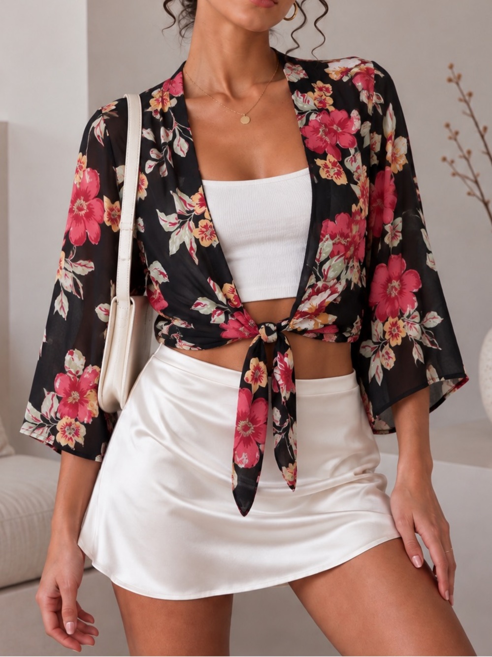 Black Floral Tie-Front Kimono